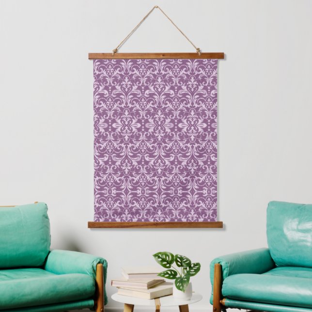 Damask Floral Pattern Flowers Purple Hanging Tapestry (Living Room)