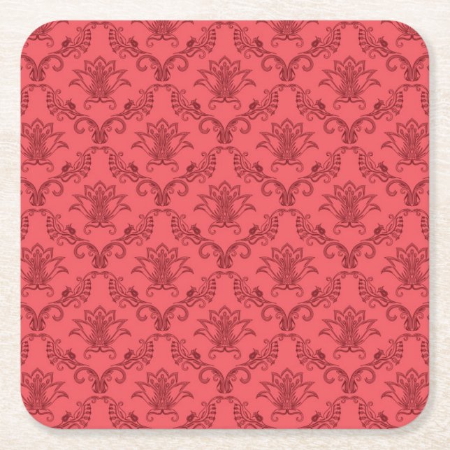 Damask floral pattern square paper coaster (Front)