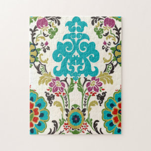 Damask Floral Patterns Plum Turquoise Jigsaw Puzzle