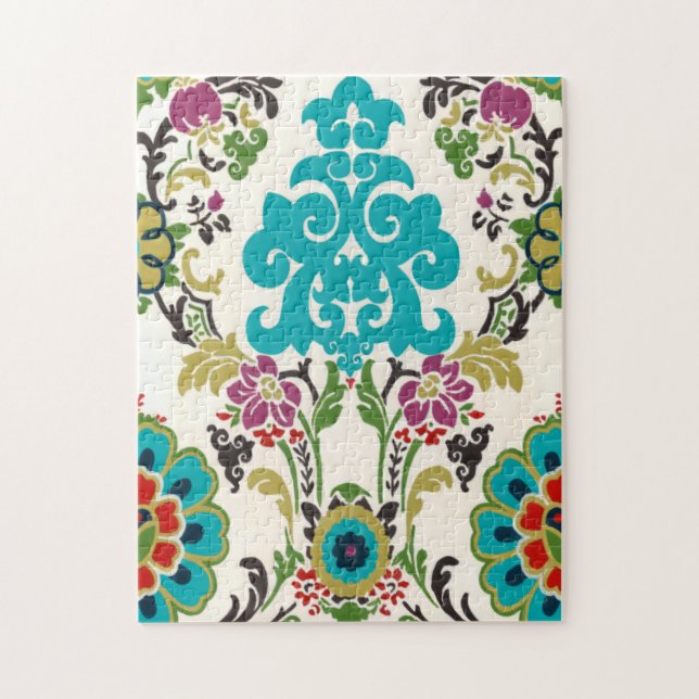 Damask Floral Patterns Plum Turquoise Jigsaw Puzzle (Vertical)