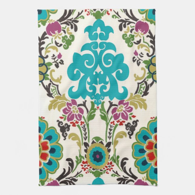 Damask Floral Patterns Plum Turquoise Kitchen Towel (Vertical)