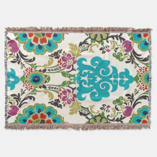 Damask Floral Patterns Plum Turquoise Throw Blanket (Front)