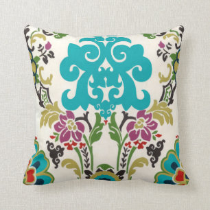Damask Floral Patterns Plum Turquoise Throw Pillow