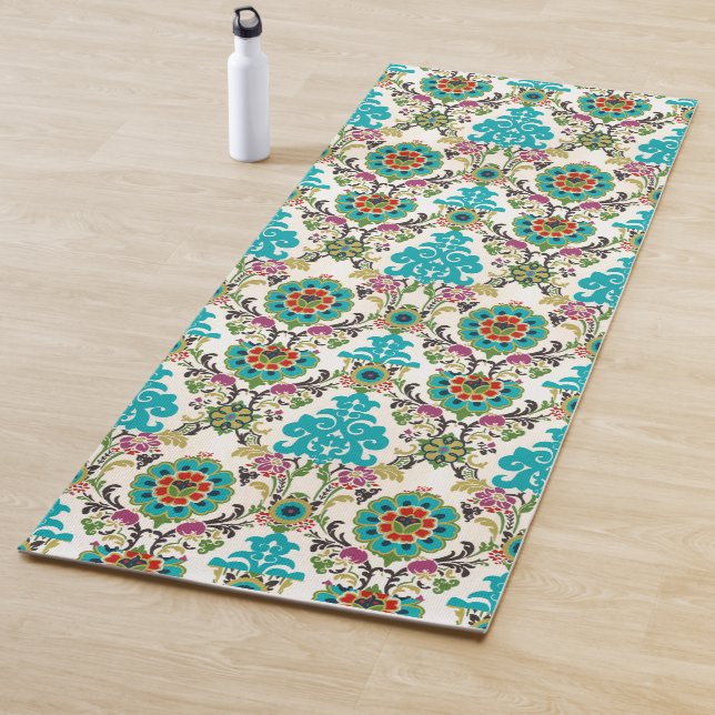 Damask Floral Patterns Plum Turquoise Yoga Mat (In Situ)