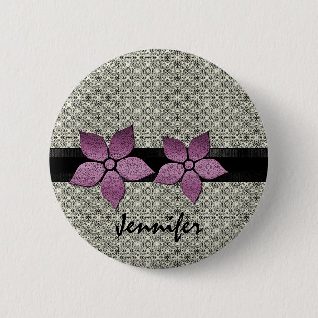 Damask Flowers Striped Border Button (Front)