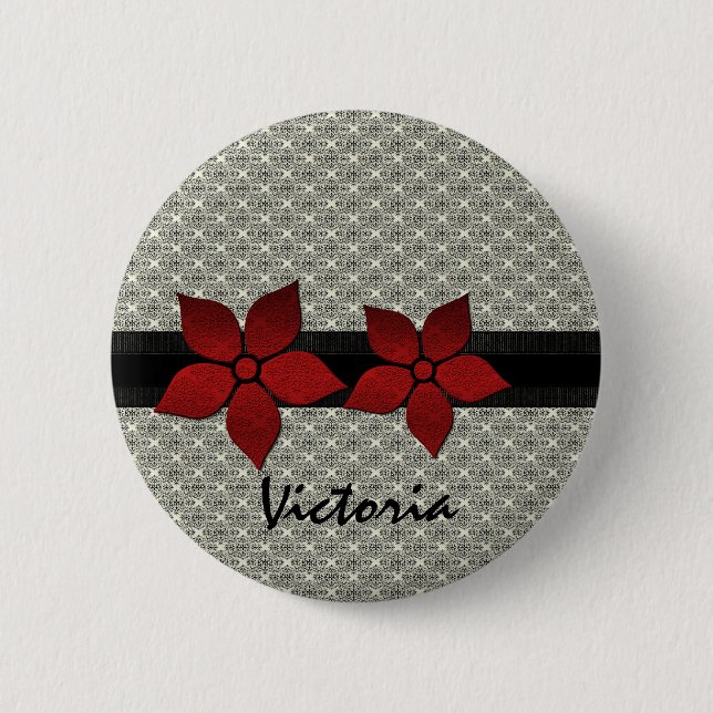 Damask Flowers Striped Border Button (Front)