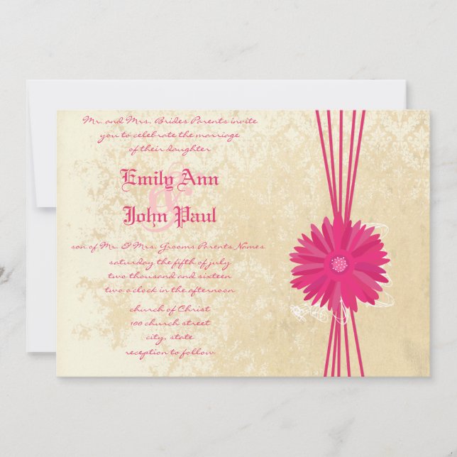 Damask Fuchsia Gerber Daisy Wedding Invitation (Front)