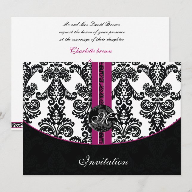 damask fuchsia wedding invitation (Front/Back)