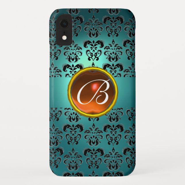 DAMASK GEM MONOGRAM blue black orange Case-Mate iPhone Case (Back)