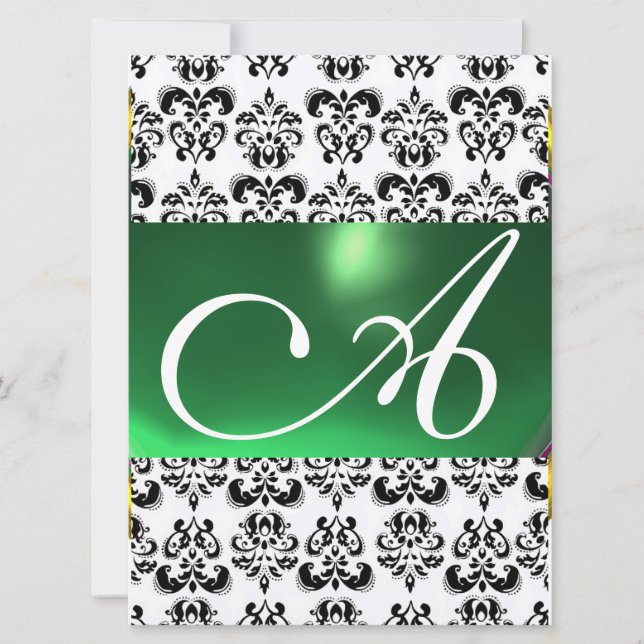 DAMASK GEM MONOGRAM green white Invitation (Front)