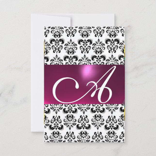 DAMASK GEM MONOGRAM pink white rsvp Invitation (Front)
