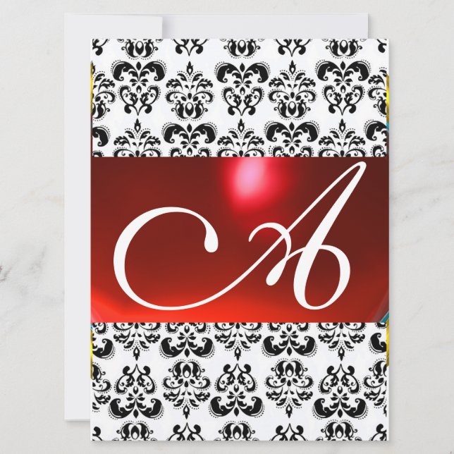 DAMASK GEM MONOGRAM red white Invitation (Front)