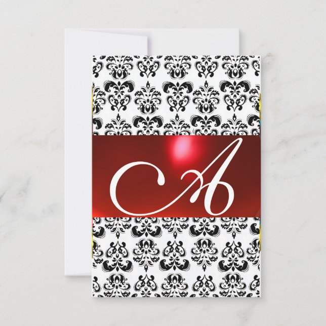 DAMASK GEM MONOGRAM red white rsvp Invitation (Front)