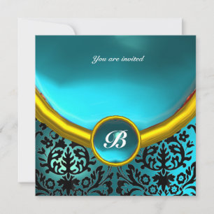 DAMASK GEM STONE MONOGRAM blue aquamarine Invitation