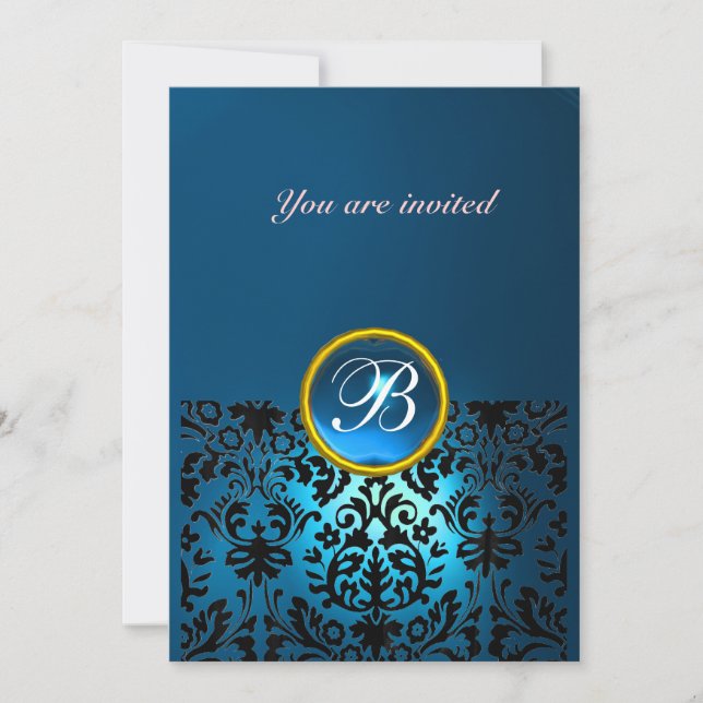 DAMASK GEM STONE MONOGRAM blue black white Invitation (Front)
