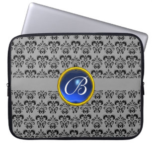 DAMASK GEM STONE MONOGRAM blue grey black Laptop Sleeve