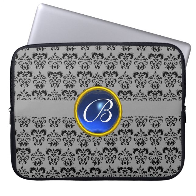 DAMASK GEM STONE MONOGRAM blue grey black Laptop Sleeve (Front)