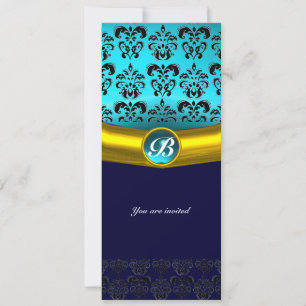 DAMASK GEM STONE MONOGRAM ,blue turquase Invitation