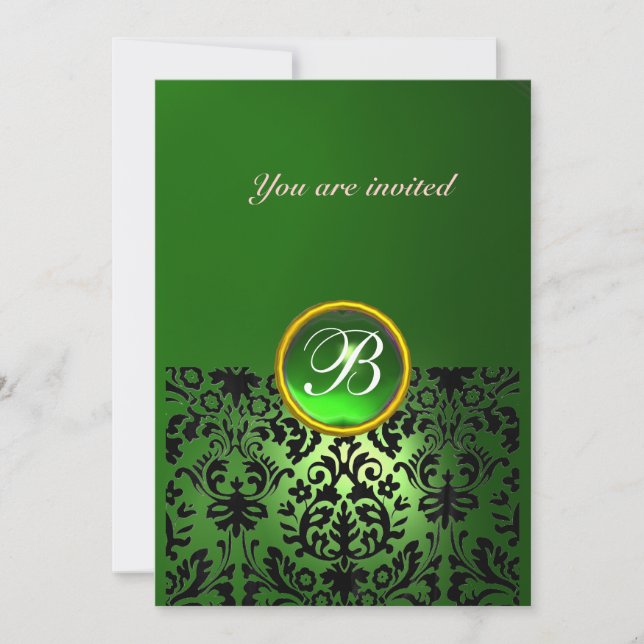 DAMASK GEM STONE MONOGRAM green yellow black Invitation (Front)