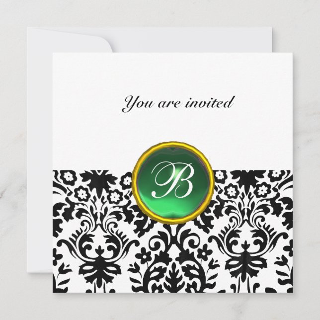 DAMASK GEM STONE MONOGRAM jade green white Invitation (Front)