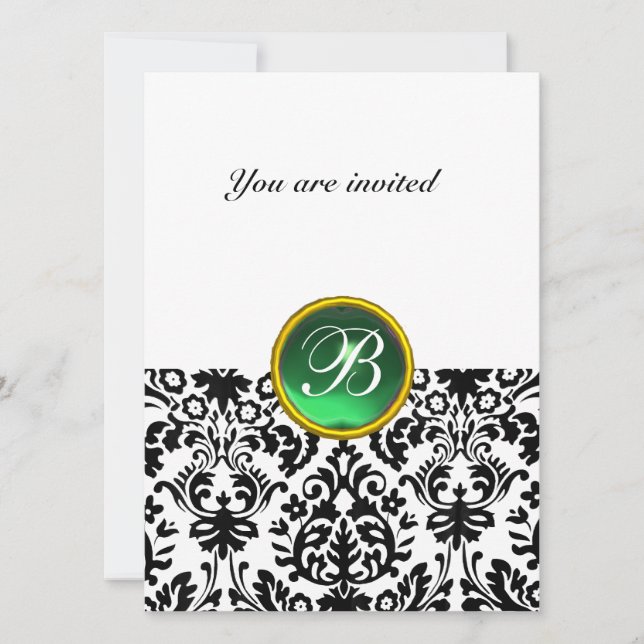 DAMASK GEM STONE MONOGRAM jade green white Invitation (Front)