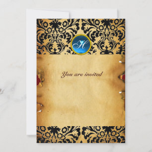 DAMASK GEM STONE MONOGRAM parchment blue Invitation