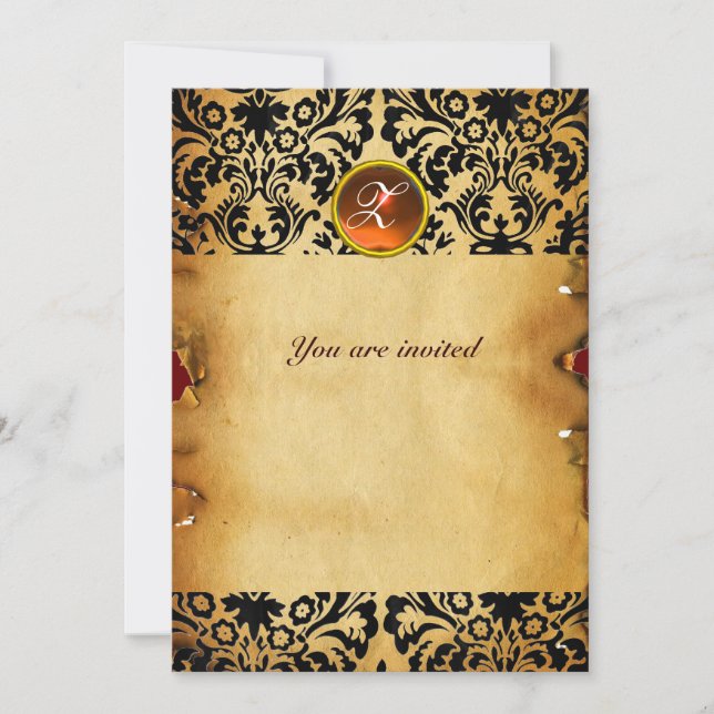 DAMASK GEM STONE MONOGRAM parchment orange Invitation (Front)