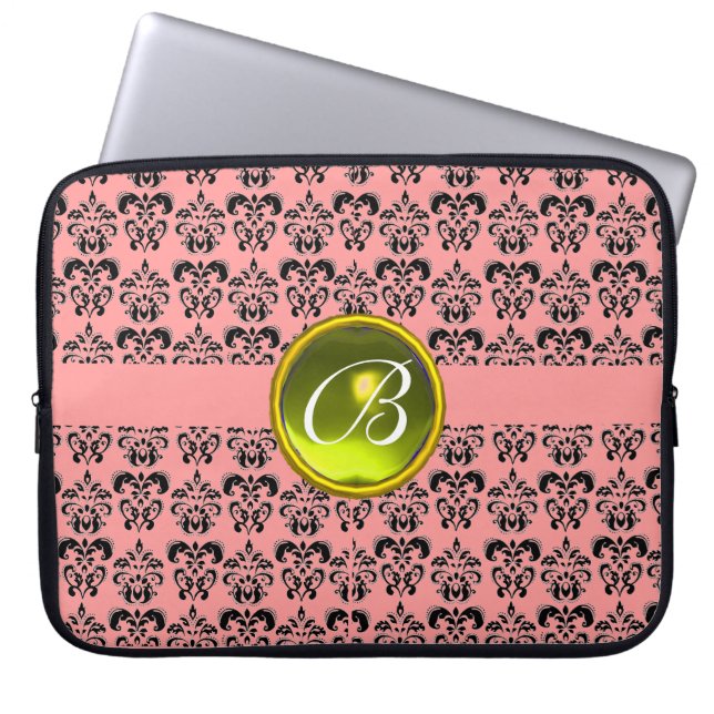 DAMASK GEM STONE MONOGRAM pink yellow black Laptop Sleeve (Front)