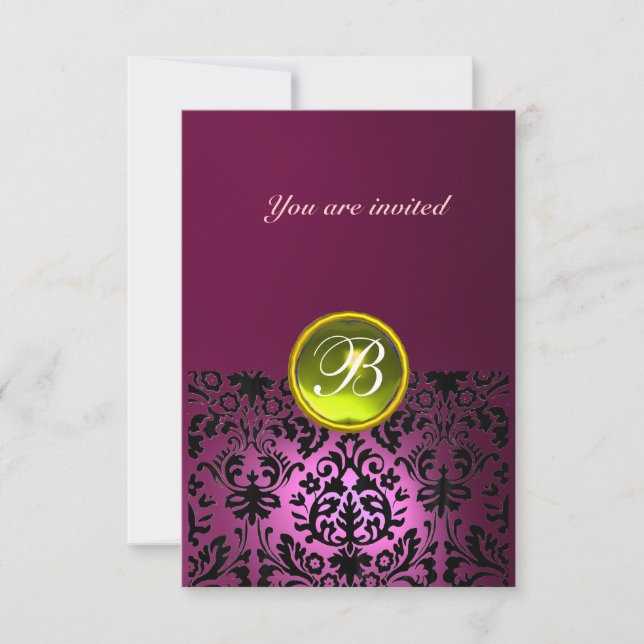 DAMASK GEM STONE MONOGRAM pink yellow rsvp Invitation (Front)