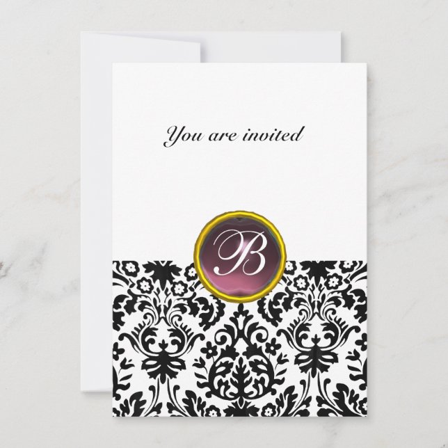 DAMASK GEM STONE MONOGRAM  purple white rsvp Invitation (Front)