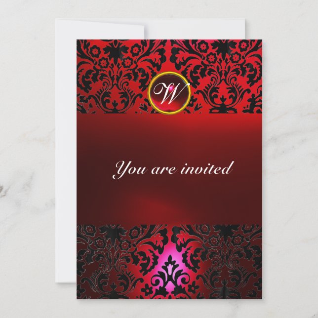 DAMASK GEM STONE MONOGRAM red burgundi Invitation (Front)