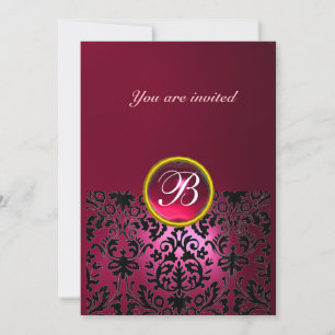 DAMASK GEM STONE MONOGRAM ruby pink fucsia Invitation