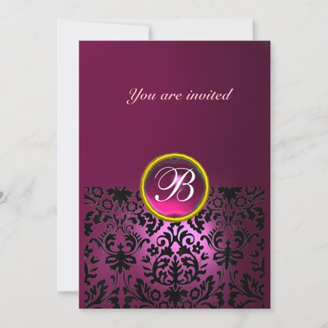 DAMASK GEM STONE MONOGRAM ruby pink fucsia light Invitation (Front)