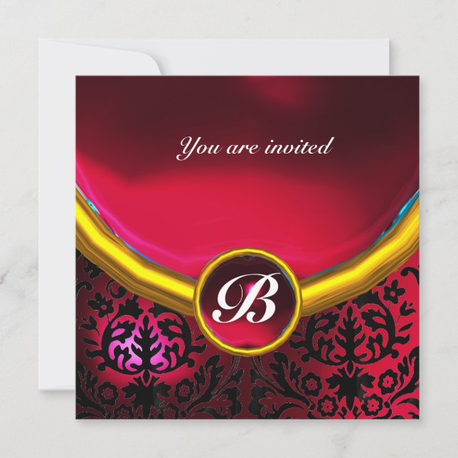 DAMASK GEM STONE MONOGRAM ruby red burgundy Invitation (Front)