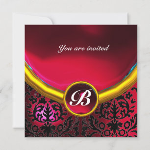 DAMASK GEM STONE MONOGRAM ruby red burgundy Invitation