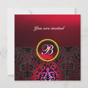 DAMASK GEM STONE MONOGRAM ruby red burgundy Invitation