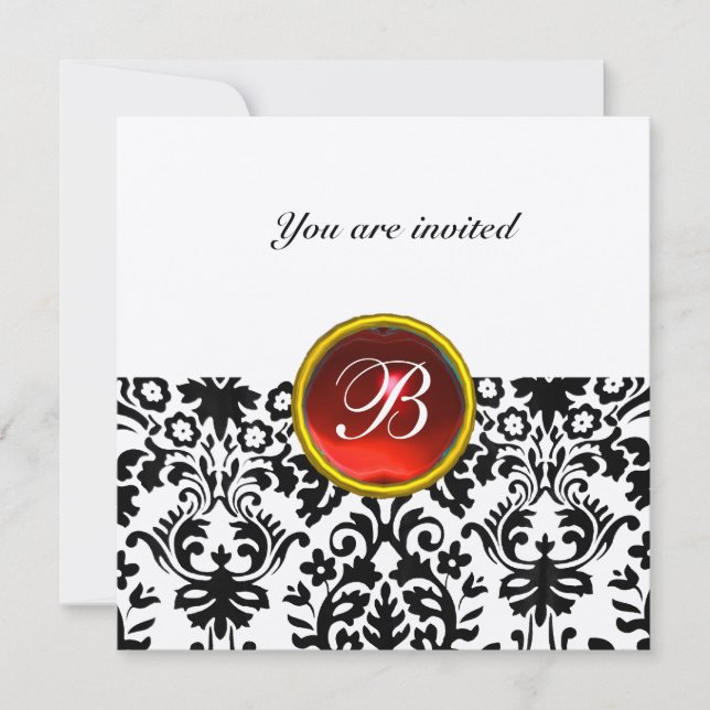 DAMASK GEM STONE MONOGRAM ruby red gold Invitation (Front)