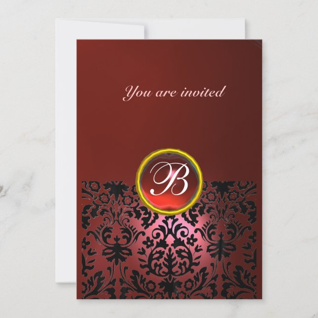 DAMASK GEM STONE MONOGRAM ruby red Invitation (Front)