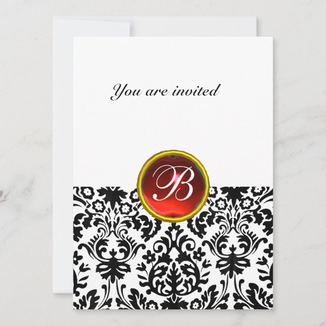 DAMASK GEM STONE MONOGRAM ruby red white Invitation (Front)