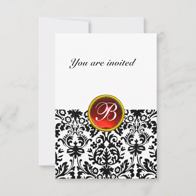 DAMASK GEM STONE MONOGRAM ruby red white rsvp Invitation (Front)