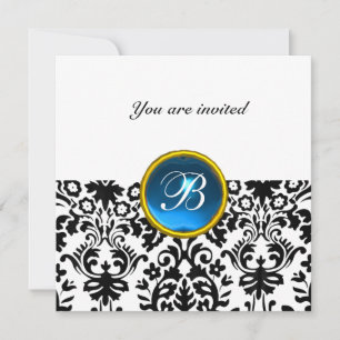 DAMASK GEM STONE MONOGRAM sapphire blue white Invitation