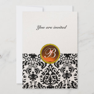 DAMASK GEM STONE MONOGRAM topaz orange gold Invitation