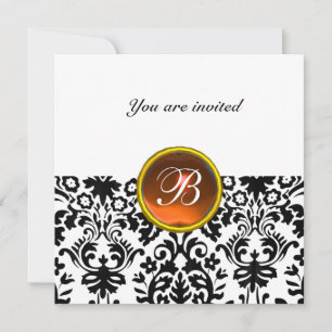 DAMASK GEM STONE MONOGRAM topaz orange white Invitation