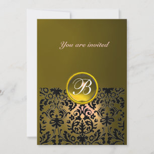 DAMASK GEM STONE MONOGRAM topaz yellow black Invitation