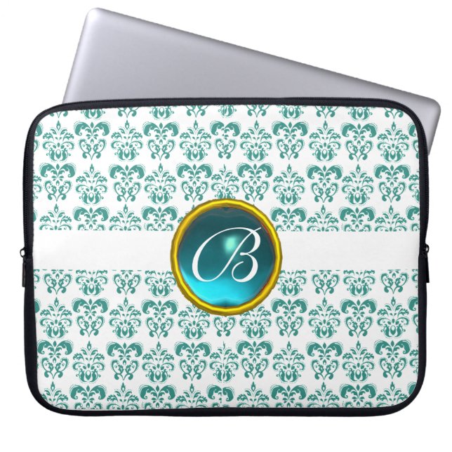 DAMASK GEM STONE MONOGRAM white blue Laptop Sleeve (Front)