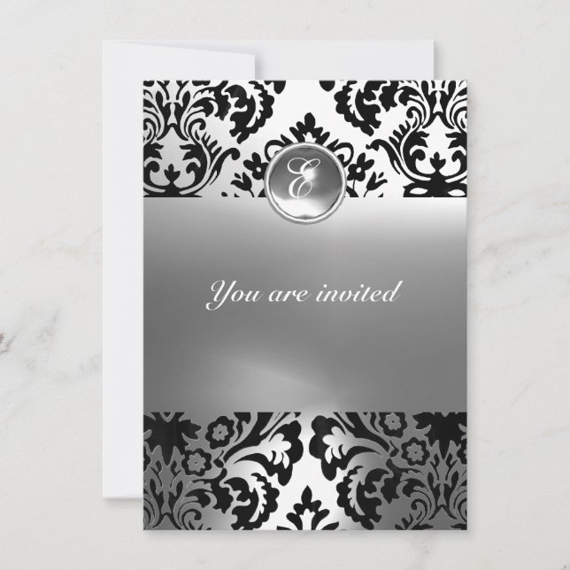 DAMASK GEM STONE MONOGRAM white Invitation (Front)