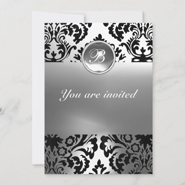 DAMASK GEM STONE MONOGRAM white Invitation (Front)