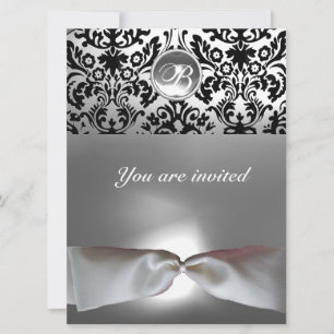 DAMASK GEM STONE MONOGRAM white ribbon grey black Invitation