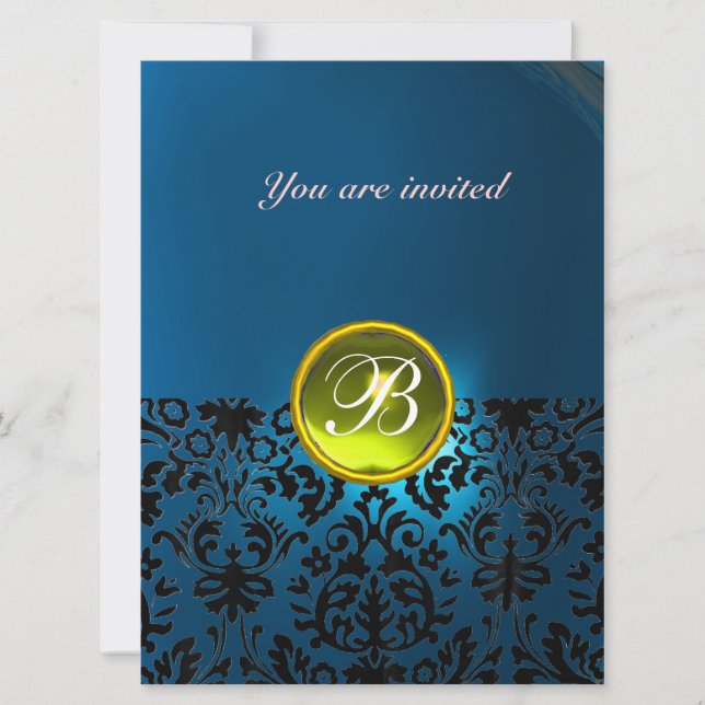 DAMASK GEM STONE MONOGRAM  yellow blue Invitation (Front)
