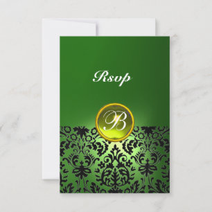 DAMASK GEM STONE MONOGRAM Yellow Green Rsvp Card